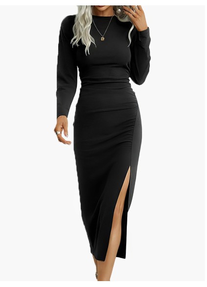 Solid Round Neck Slim Long Sleeve Split Dress