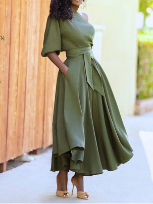 Solid Tie Pocket Long Sleeve Dress