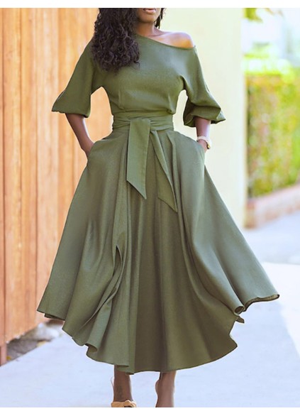 Solid Tie Pocket Long Sleeve Dress