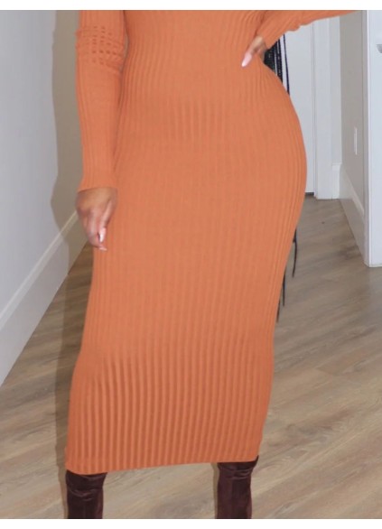 Solid V-neck knitted pit stripe long skirt