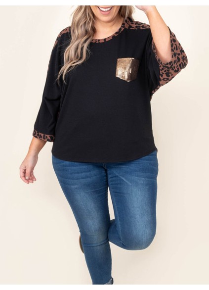 Spliced leopard patch pocket sequin T-shirt