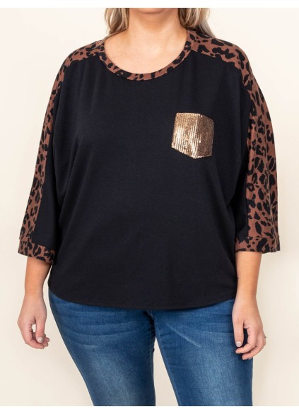 Spliced leopard patch pocket sequin T-shirt