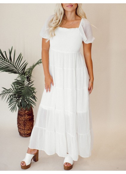 Square neck bubble sleeve layered extra long skirt