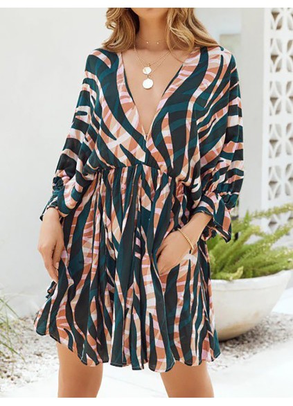 Stripe Print V-Neck Belted Long Sleeve Dress