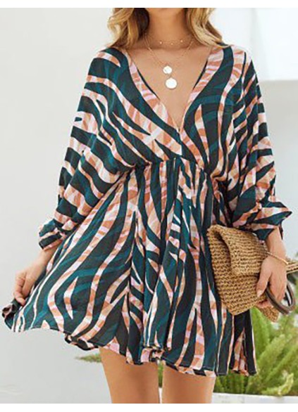 Stripe Print V-Neck Belted Long Sleeve Dress