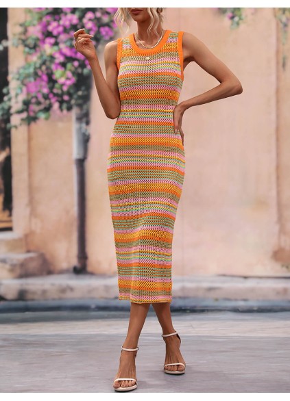 Striped Round Neck Sleeveless Midi Cover Up Dress