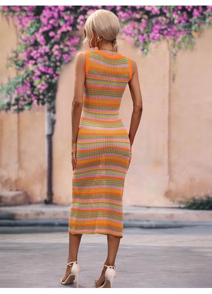 Striped Round Neck Sleeveless Midi Cover Up Dress