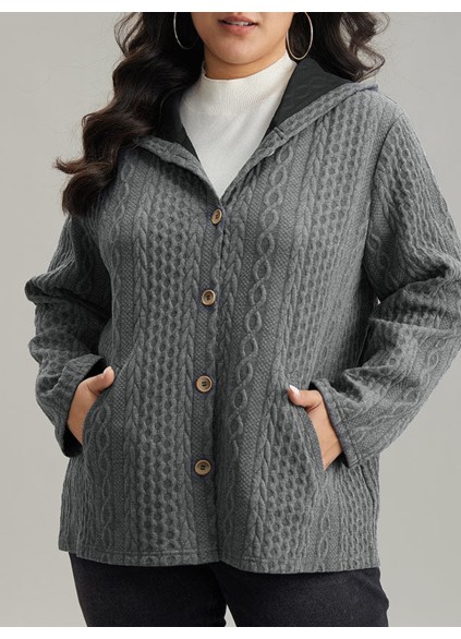 The gray textured jacket has pockets