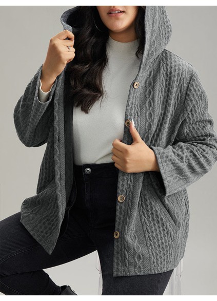 The gray textured jacket has pockets