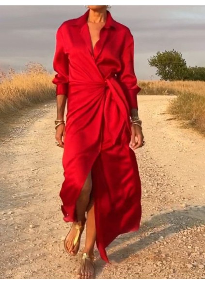 Tie High Waist Long Sleeve Slit Dress