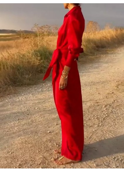 Tie High Waist Long Sleeve Slit Dress