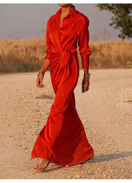 Tie High Waist Long Sleeve Slit Dress