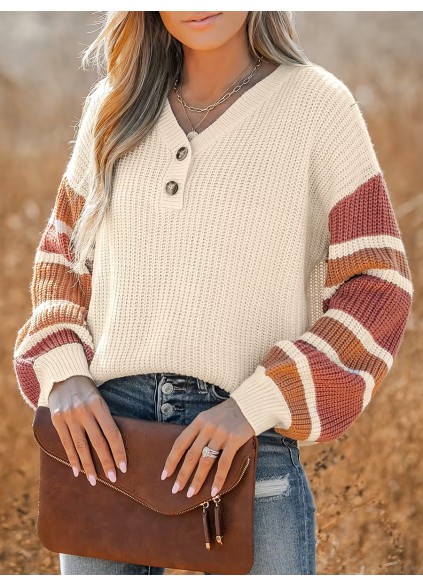 V-neck button-down striped sweater