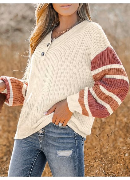 V-neck button-down striped sweater