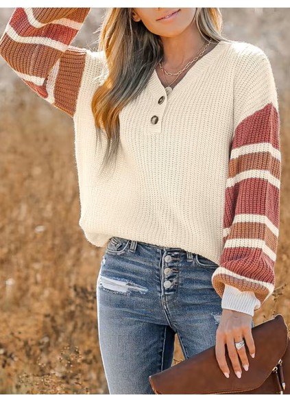 V-neck button-down striped sweater