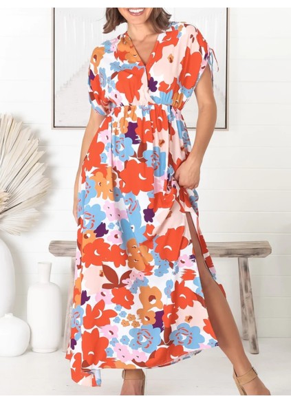 V-neck Cross Neckline Printed Dresses