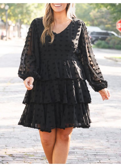 V-neck layered ruffled loose fitting dress