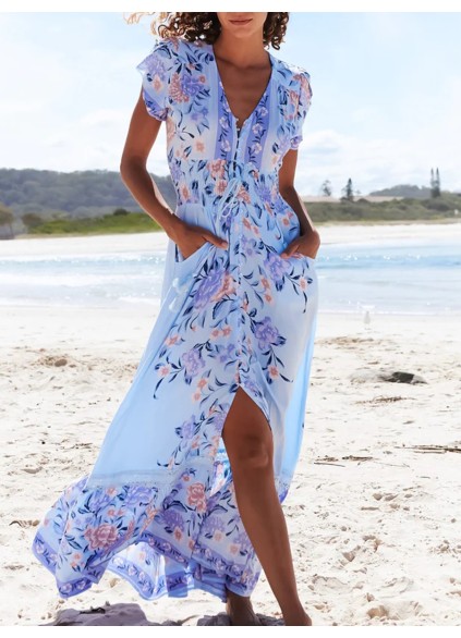 V-neck short sleeve Bohemian holiday floral slit dress