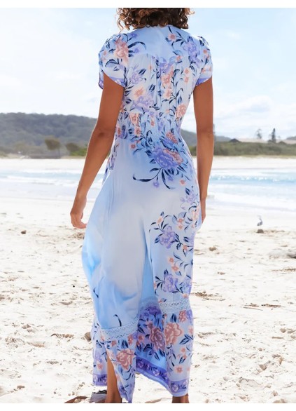 V-neck short sleeve Bohemian holiday floral slit dress