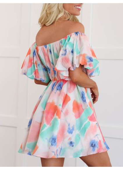 Watercolor pattern bubble sleeve dress