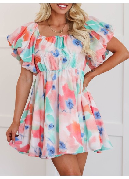 Watercolor pattern bubble sleeve dress