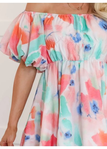 Watercolor pattern bubble sleeve dress