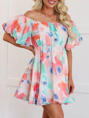 Watercolor pattern bubble sleeve dress