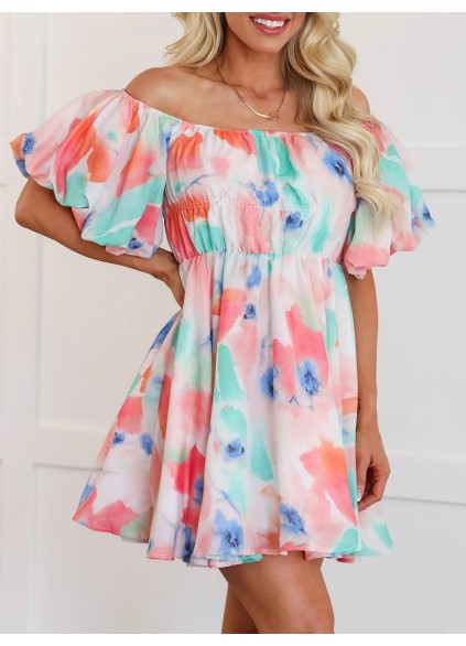 Watercolor pattern bubble sleeve dress