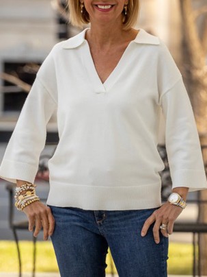 White 3/4 Sleeve V-Neck Sweater Top