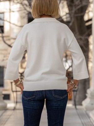 White 3/4 Sleeve V-Neck Sweater Top