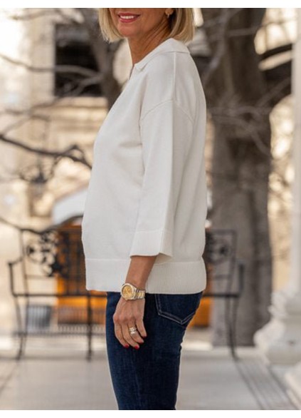 White 3/4 Sleeve V-Neck Sweater Top