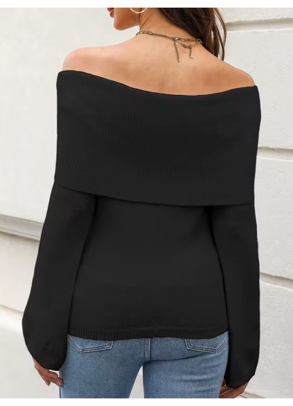 Women's black folded off-shoulder sweater