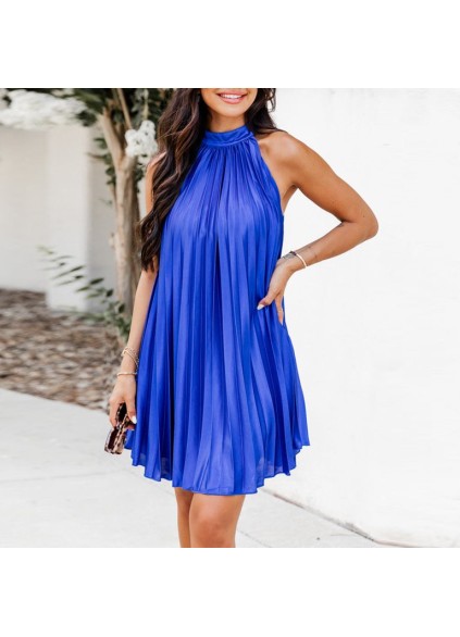 Women's blue elegant halter-neck pleated dress