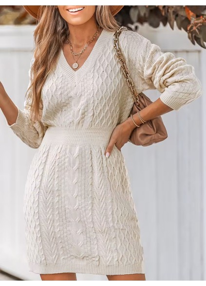 Women's Casual Cable Knit V-Neck Sweater Dress