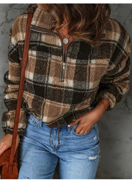 Women's casual plaid sherpa sweatshirt