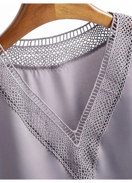 Women's elegant shirt with grey V-neck lace patchwork