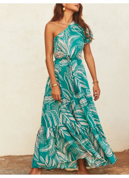 Women's one-shoulder asymmetrical printed holiday dress