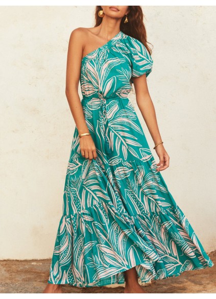 Women's one-shoulder asymmetrical printed holiday dress