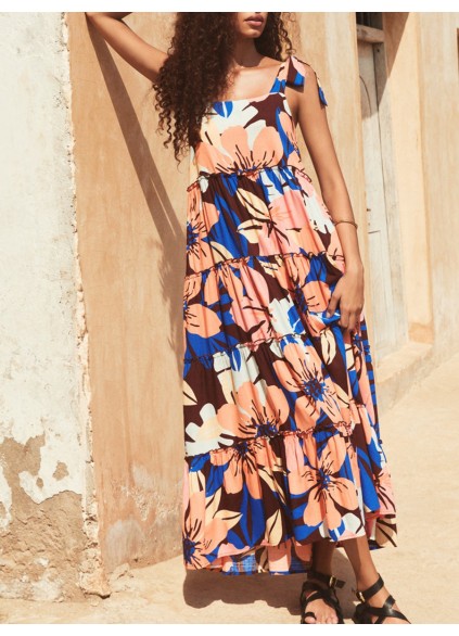 Women's printed holiday dress with shoulder floral print