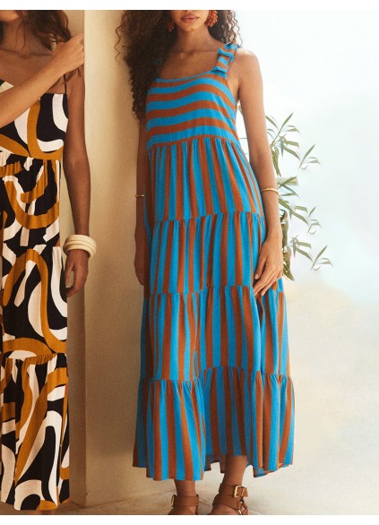 Women's printed holiday dress with straps and stripes