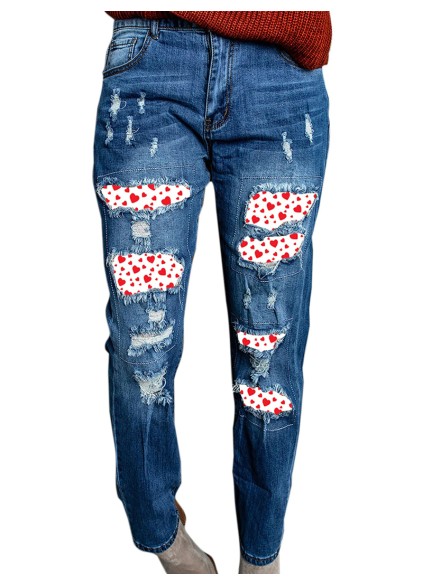 Women's Retro Distressed Heart Print Jeans