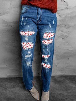 Women's Retro Distressed Heart Print Jeans