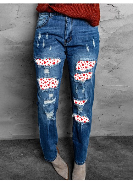 Women's Retro Distressed Heart Print Jeans