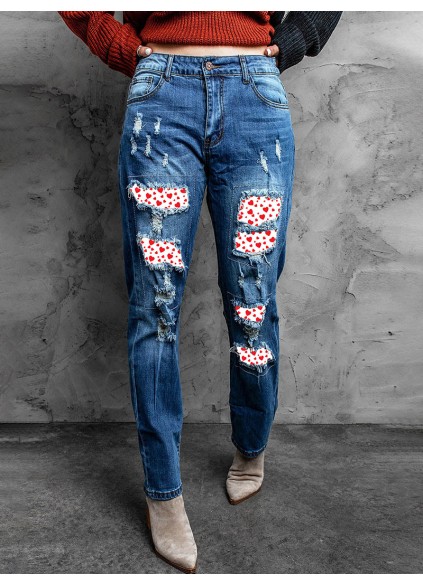 Women's Retro Distressed Heart Print Jeans