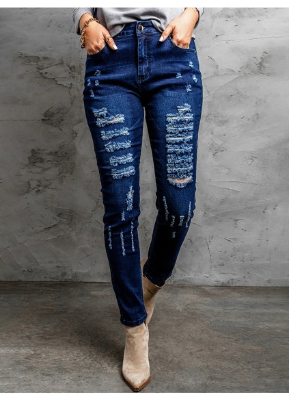 Women's ripped solid color pencil jeans