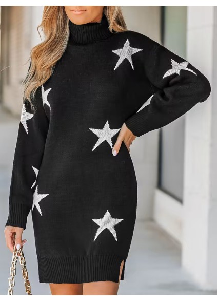 Women's Star Print Turtleneck Mini Sweater Dress