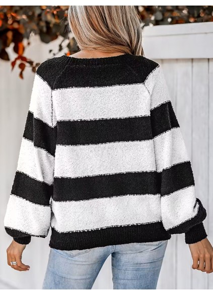 Women's Striped One Shoulder Plush Knitted Sweater