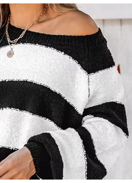 Women's Striped One Shoulder Plush Knitted Sweater