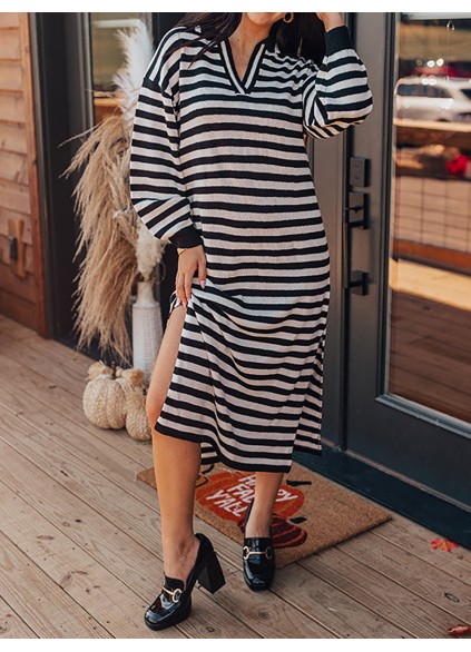 Women's Tweed Striped Knit Long Dress