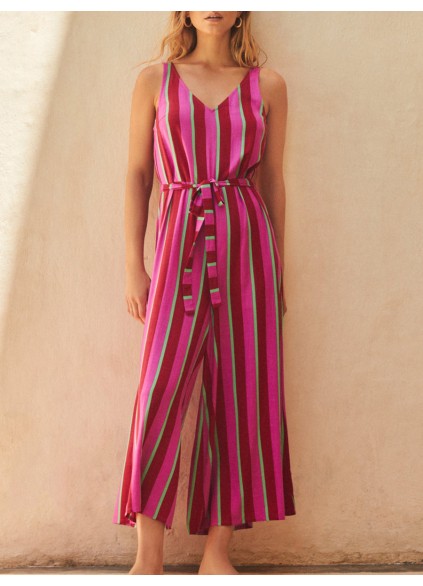 Women's V-neck striped printed holiday jumpsuit